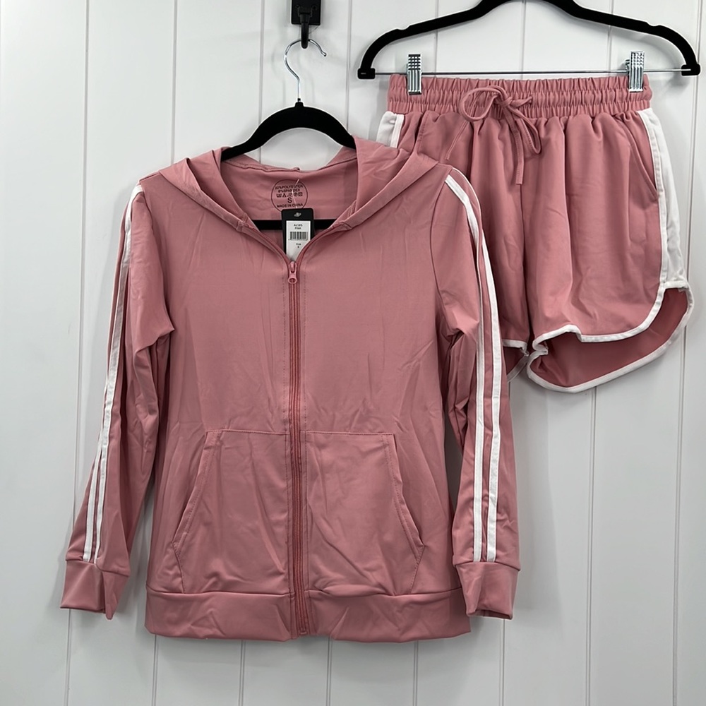 πLydaa Athletic Jacket & Short Set Pink & White W/Pockets & Stripes S,M,L & XL - Picture 8 of 10
